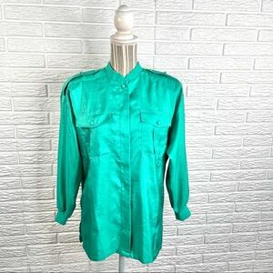 Vintage Josephine Shiny Green Button Up Shirt Size 6 Shoulder Pads